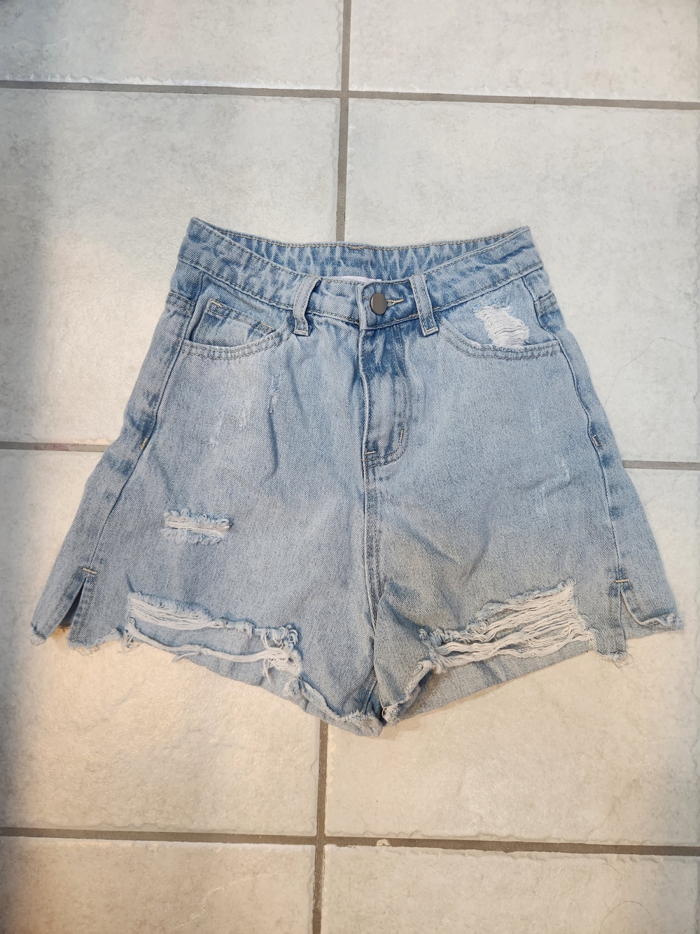 Pink Lily Light Blue High-Waist Distressed Denim Shorts
